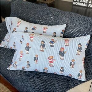 2 Ralph Lauren Polo STANDARD Pillowcases Teddy Bear Blue Striped Preppy LRL Case
